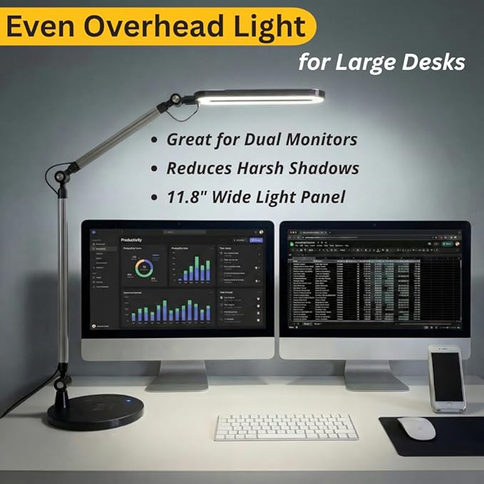 OTUS LED Architect Desk Lamp for Home Office with Wireless Charger, Adjustable Swing Arm, 32 in Tall, 11.8 in Panel, 3 Color Modes, 12 Dimmable Levels, Eye-Caring for Reading, Study, Video Calls