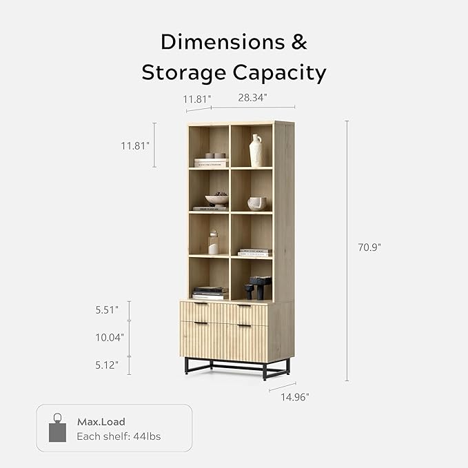 Tall Fluted Bookshelves with Drawers Set of 2, 71" Tall Bookcases 4 Tier Display Cabinet with Storage Floor Standing, Versatile Modern Large Book Shelf for Home Office Living Room (Light Oak)