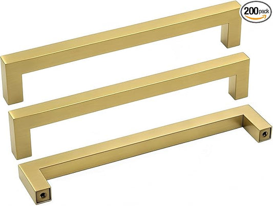 goldenwarm 200 Pack Brass Kitchen Hardware Gold Drawer Pulls Brushed Gold Cabinet Knobs Square T Bar Dresser Drawer Pulls for Cabinets Bathroom Handles 6-1/4" Hole Centers