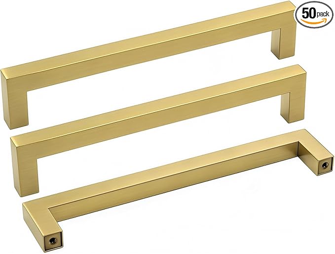Goldenwarm Gold Cabinet Pulls Brushed Brass Drawer Pulls Gold Kitchen Cabinet Handles Square Bar Pulls Antique Brass Bathroom Cabinet Hardware, 6-1/4in,50 Pack