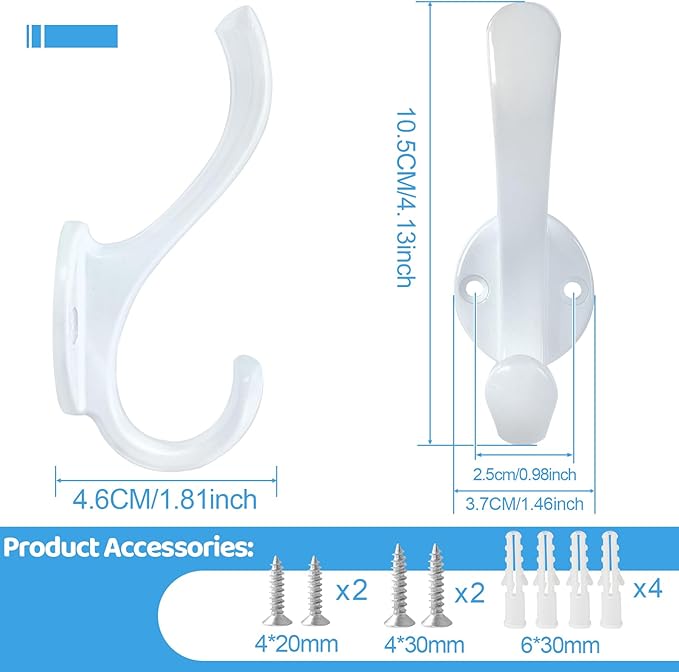 4 Pack Coat Hooks Wall Mount Heavy Duty Utility Retro Double Hooks for Hanging Coats,Hat, Towel, Key, Robe, Scarf, Bag, Cap (White)