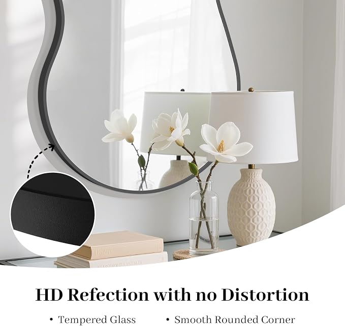 HOMECOOKIN 46" H x 26" W Irregular Wall Mirror, Asymmetrical Decorative Mirror with Black Aluminum Frame, Wavy Abstract Black Mirror, for Living Room, Bedroom, Bathroom, Entryway, Cloakroom