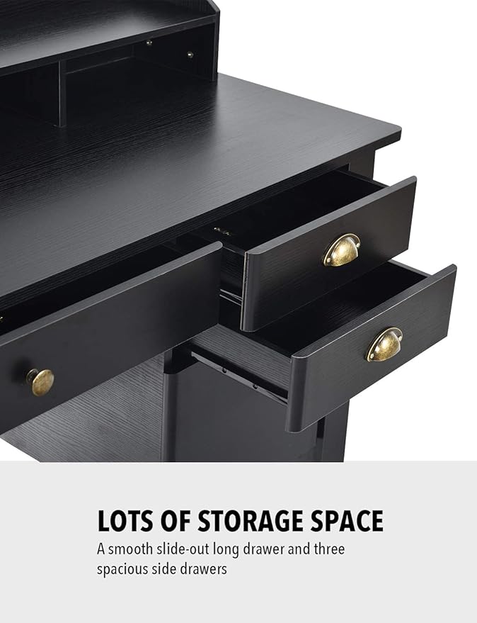 Catrimown Computer Desk with Drawers and Hutch, Vintage Wood Home Office Desk Writing Study Teens Student Desk PC Laptop Table, for Small Spaces, Black