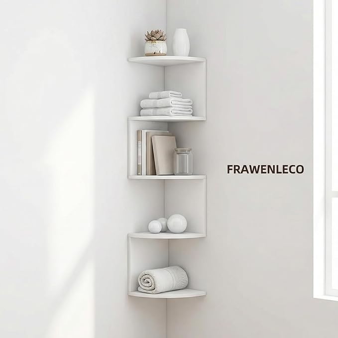 5-Tier Corner Shelf Wall Mount, Screw-Mounted Floating Bookshelf with Enhanced Support, Space-Saving Zigzag Shelf for Bedroom, Living Room, Office, Garage – (White)