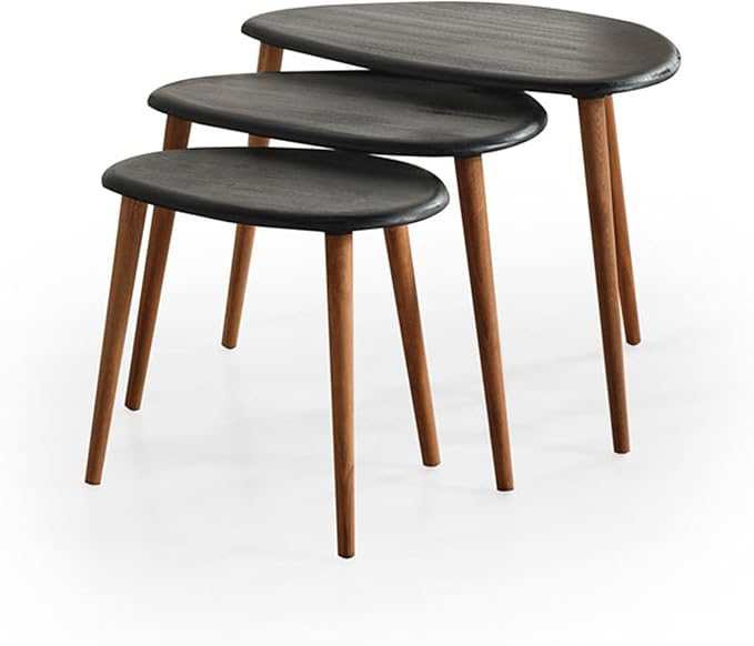 Solid Wood Nesting Coffee Table Set of 3 - Mid Century Modern Pebble Tables with Tapered Legs – Wooden Home Furniture in a Retro Style (Black)