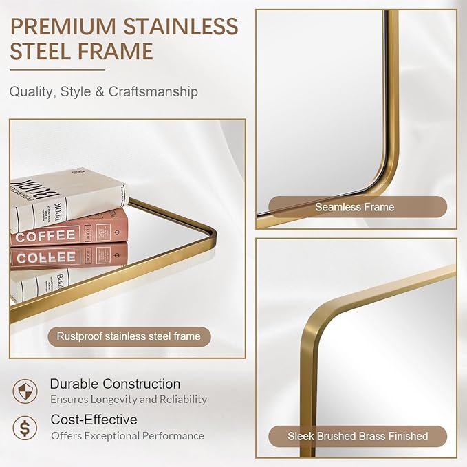 ANDY STAR 24x32 INCH Gold Bathroom Mirror, Brushed Brass Mirror, Rounded Rectangle Mirrors, Anti-Rust SUS304, Tube Metal Framed, 1’’ Deep Wall Mounted Vertically/Horizontal