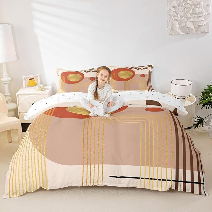 Erosebridal Beige Brown Abstract Boho Duvet Cover King Size Minimalist Aesthetic Neutral Comforter Cover Mid Century Modern Bedding Set Botanical Leaves Geometric Bed Set