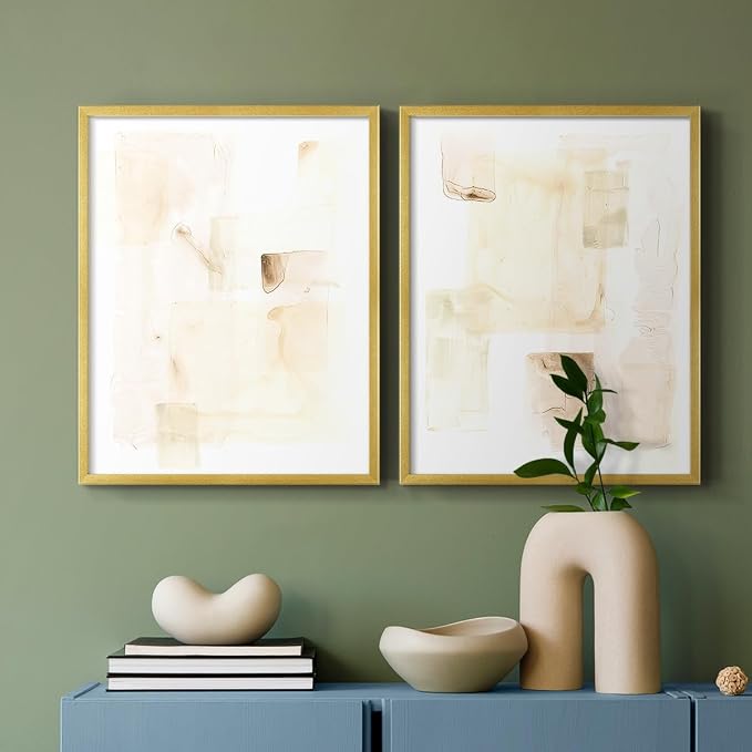 Renditions Gallery Set of 2 Peel & Stick Framed Prints, Abstract Wall Art, Mixed Handmade Oil Painting Wall Decor, Re-Stickable - Ready to Hang - 16"x20" - GOLD Frame LT588