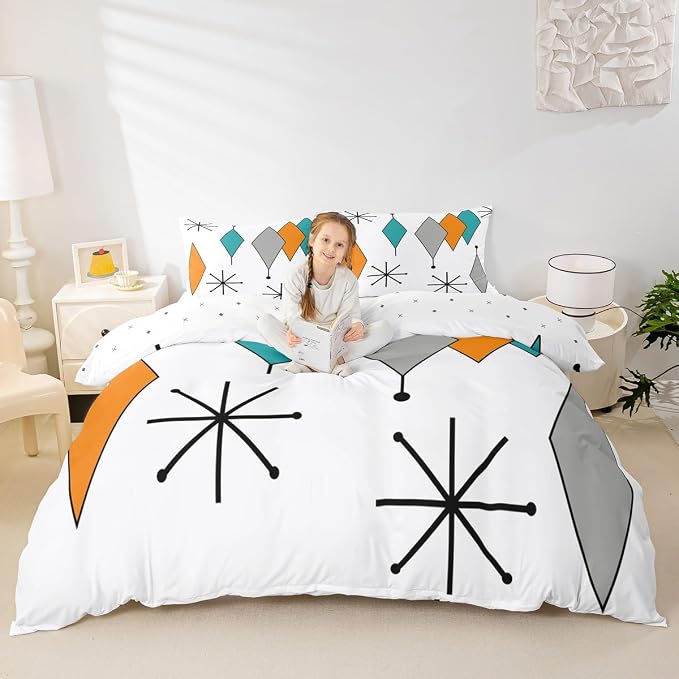 Erosebridal Colorful Aesthetic Duvet Cover Twin Diomand Bedding Set, Retro Atomic Comforter Cover Modern Mid Century Bed Set, Bohemian Minimalist Bedding Breathable 2pcs (Zipper Closure)