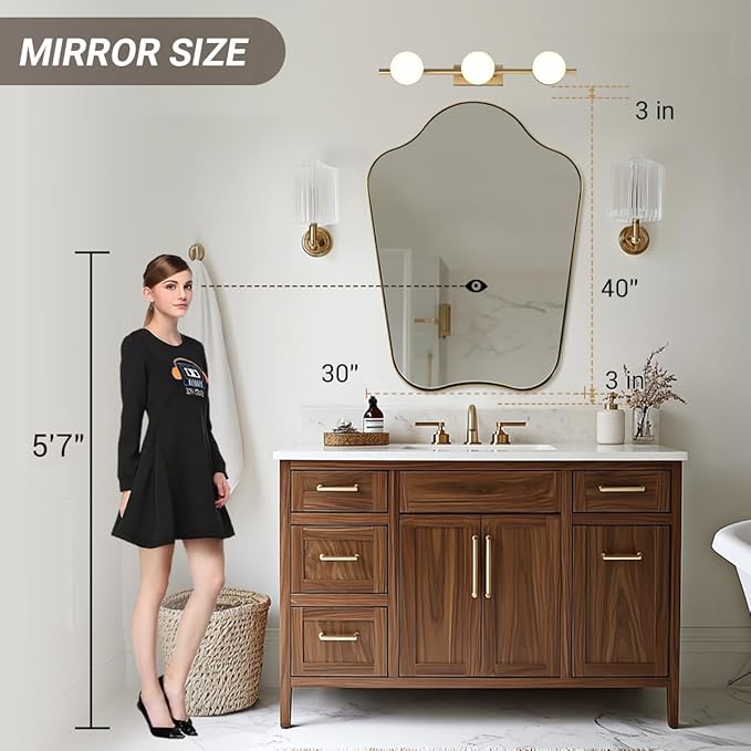 ANDY STAR 30x40 Gold Mirror, Brushed Brass Scalloped Mirror with Curved Design, Irregular Wall Mirror for Bathroom, Vanity, Powder Room, Stainless Steel Frame, Anti-Rust