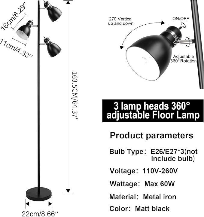 FIRVRE Modern Reading Floor Lamp, Industrial 3-Light Standing Lamp, Black Adjustable Rotation Heads, Modern Multi Head Reading Floor Lights, E26 Base