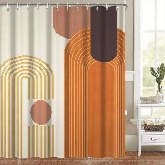 Modern Bohemia Shower Curtain for Bathroom Orange Abstract Minimalist Bathroom Set Decor Stripes Arch Sun Chic Aesthetic Washable Waterproof Polyester Fabric with Hooks 60x72 Inch