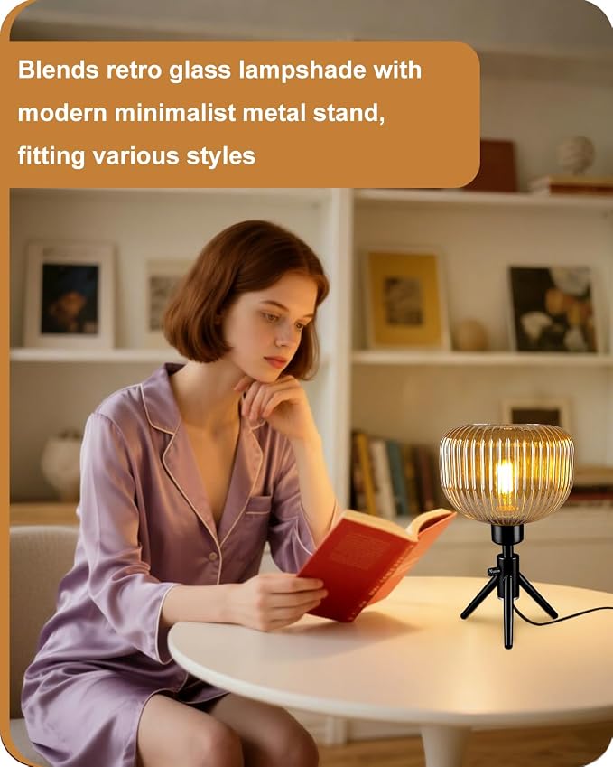 Lightdot Tripod Glass Table Lamp Black Small Desk Lamp with Brown Striped Glass Shade, 3000K Warmwhite Dimmable Nightstand Lamp for Bedroom/Bedside/Living Room/Study Room/Home Decor