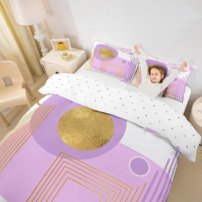 Erosebridal Purple and White Abstract Boho Queen Comforter Cover Minimalist Aesthetic Neutral Duvet Cover Mid Century Modern Bed Set Botanical Leaves Geometric Bedding Set
