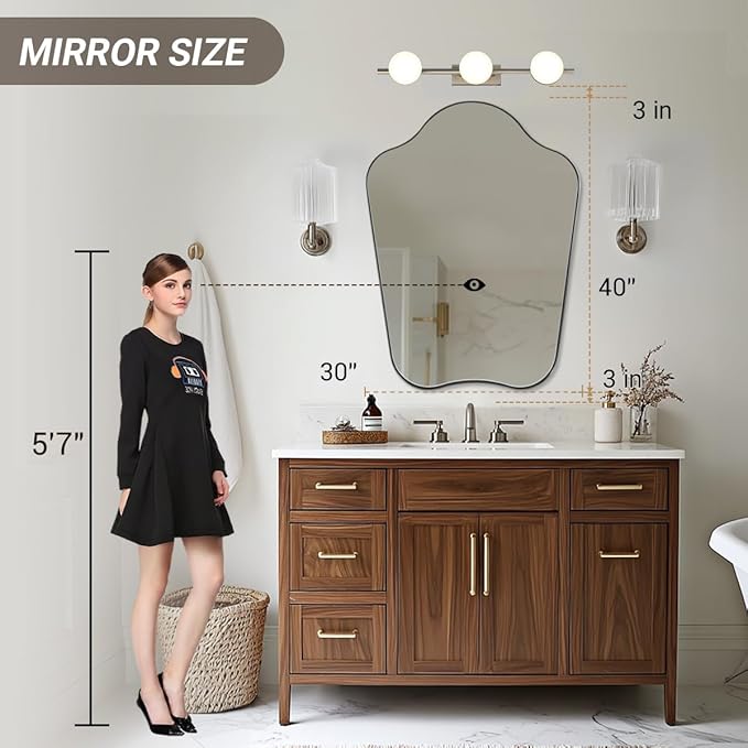 ANDY STAR Brushed Nickel Bathroom Mirror, 30x40 Scalloped Wall Mirror for Vanity, Curved Shaped Mirror for Entryway, Bedroom, Anti-Rust Stainless Steel Frame