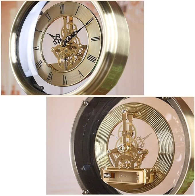 Retro Brass Desk Clock, Classic Metal Antique Clock, Silent Clockwork, Mantel Clock for Living Room, Fireplace, Office, Kitchen Mantel Clock-Metallic-Transparent Movement