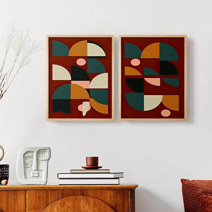 Renditions Gallery Set of 2 Peel & Stick Framed Prints, Mid Century Abstract Wall Art, Modern Geometric Shapes Wall Decor, Re-Stickable - Ready to Hang - 8"x10" - NATURAL WOOD Frame LT588