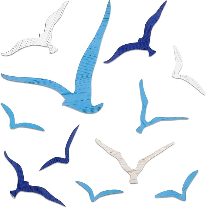 Azefnuhk 11 Pcs Wooden Seagull Wall Decor, Adhesive Sea Bird Sculpture, Coastal Nautical Beach Wall Art, Vintage Ornaments for Home, Bathroom, Living Room, Office (Brown, Blue, White)