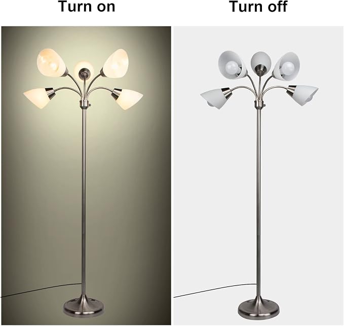 FIRVRE Multi Arm Floor Lamp Standing Lamp, Reading Floor Light with Adjustable Arms 5 Head PVC Lampshade,Sand Nickel Modern Tall Metal Lamps,Floor Lamp for Living Room, Bedroom,Dining Room