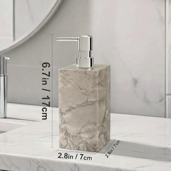 2 Set Real Natural Marble Soap Dispenser with Stainless Steel Pump – Decorative Liquid Hand Soap Bottle for Kitchen & Bathroom, Compatible with Lotion, Dish Soap & Shower Gel (Grey)