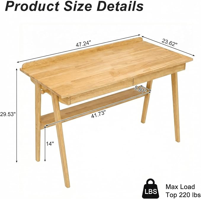 Solid Wood Writing Desk for Small Space, Mid Century Modern Computer Desk with 2 Drawers & Storage Shelf, Side Hooks for Home Office Bedroom, Wood