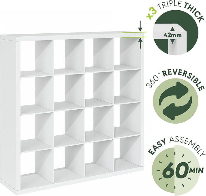 Furinno Cubicle Book Shelf, 16-Cube Bookshelf, Triple Thick Frame Cube Storage Organizer, 1.65" Bookcase, 15.4" x 57.4" x 56.9", for Home Office, Living Room, Plain White