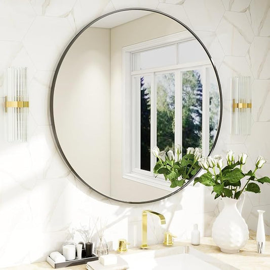 BEAUTYPEAK 20 Inch Round Mirror, Metal Frame Circle Mirror, Wall Mounted for Entryway, Bathroom, Vanity, Living Room, Black