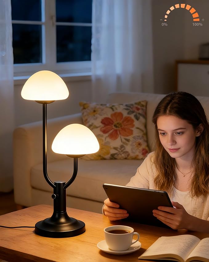 Lightdot Mushroom Table Lamp for Bedroom, Desk Bedside Small Lamps for Living Room Night Stands, Cute Modern Mid Century Lamps Dimmable with 2 LED Bulbs, Unique Aesthetic Home Decor-Black