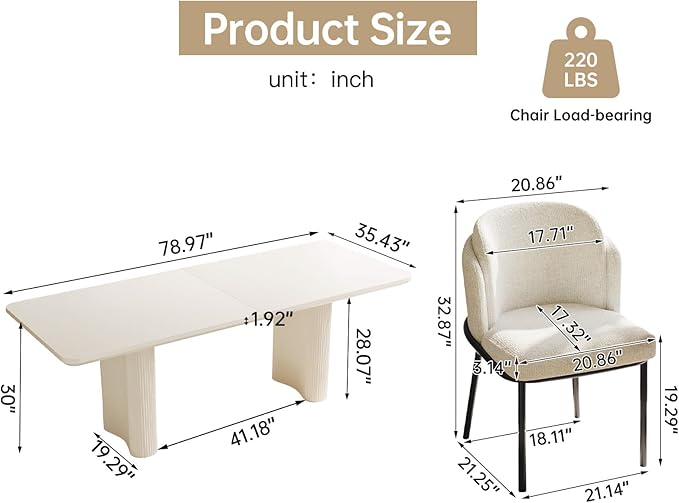 5 Pieces Dining Table & Chairs Set for 4, 78.97" Rectangular Kitchen Table with 4 Chairs, Kitchen & Dining Room Sets with Waved Legs for Home, Apartment, White