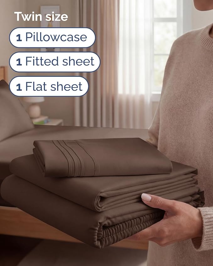 Twin Size 3 Piece Sheet Set - Comfy Breathable & Cooling Sheets - Hotel Luxury Bed Sheets for Women & Men - Deep Pockets, Easy-Fit, Extra Soft and Wrinkle Free Sheets - Brown Oeko-Tex Bed Sheet Set