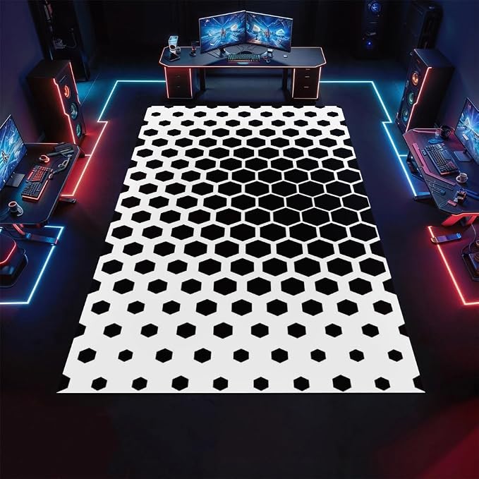 Modern Geometric Area Rugs, Black White Honeycomb Carpet, Washable Non Slip Low Pile Soft Rug for Living Room Bedroom Decor Mat 4x6ft
