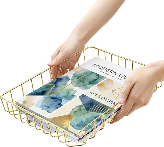Okllen 3 Pack Gold Wire File Organizer Trays for Desk, A4 & Letter Size Metal Document Holder, Desktop Magazine Paper Trays for Office Cosmetics Bathroom