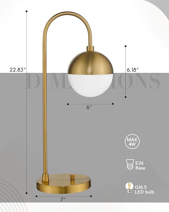 LMS Modern Gold Table Lamp with White Glass Globe, Gold Desk Light Bedside Lamp with Brushed Brass Finished for Living Room Office Nightstand, Dimmable Switch