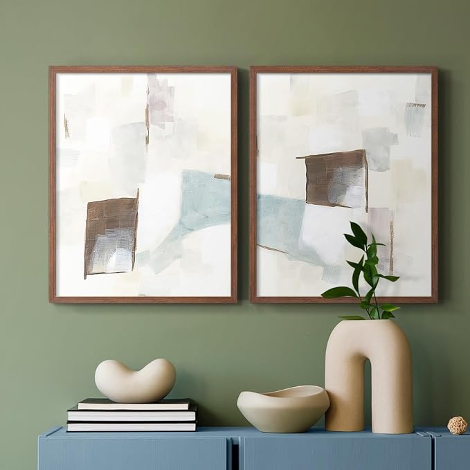 Renditions Gallery Set of 2 Peel & Stick Framed Prints, Abstract Wall Art, Minimalist Color Block Brush Strokes Wall Decor, Re-Stickable - Ready to Hang - 11"x14" - Walnut Frame LT588