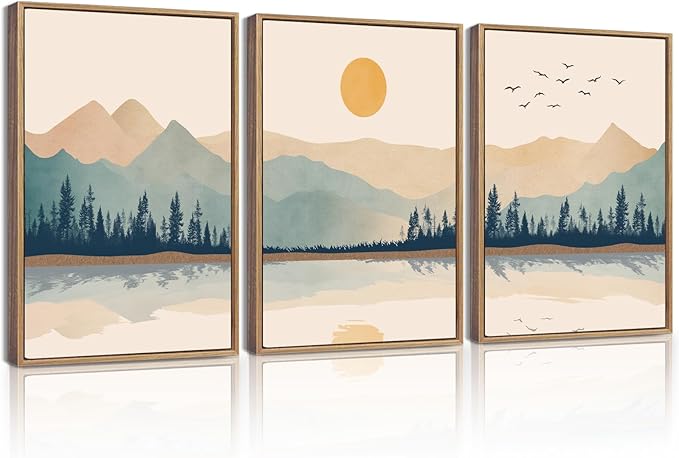 KUVIOKE Mountain Landscape Framed Canvas Wall Art Watercolor Nature Laker Painting Sun Rises Boho Farmhouse Rustic Room Decor for Bedroom Dining Room 12x16in (Natural Framed)