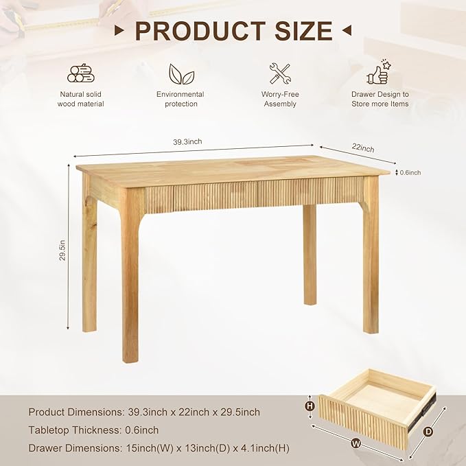 39.4'' Solid Wood Desk with 2 Drawers, Small Mid Century Modern Home Writing Office Wooden Desk ,Vintage Computer Table with Storage for Living Room, Bedroom, Fluted Design (Natural, 39.4 Inch)