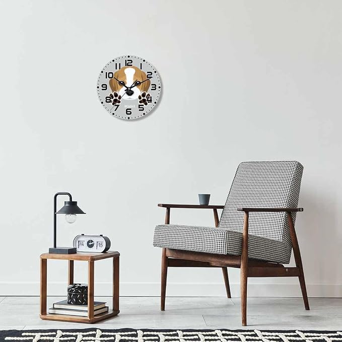 Dog Wall Clock 10 inch Round Dog Paw Silent Non Ticking Wood Wall Clocks Battery Operated Easy to Read Decorative Wall Clock for Bedroom Kitchen Living Room Bathroom