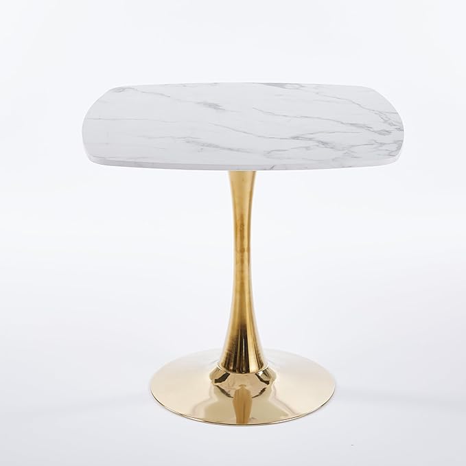 Square Dining Table for 2 4 6, Special Kitchen Table with Tulip Shape & Metal Pedestal Base, Mid Century Modern Bistro Tulip Table for Kitchen, Small Space, Cafe (White and Gold, 31.5 inches)