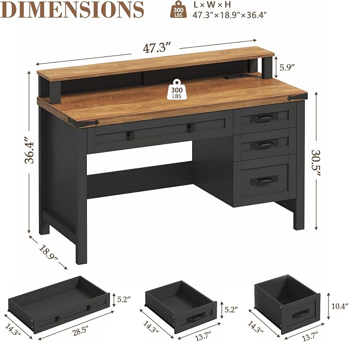 YOMILUVE Farmhouse Computer Desk with Drawers, 47" Small Computer Desk with Power Outlets, Home Office Desk with Monitor Stand & 4 Drawers, Writing Study Table, Brown and Black