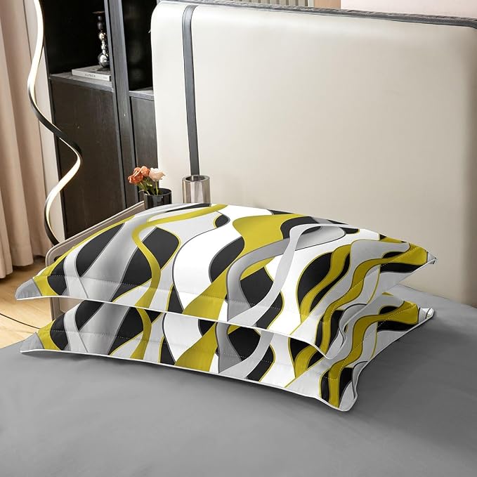 Erosebridal Grey Black Yellow 100% Cotton Duvet Cover King Geometric Striped Abstract Bedding Set for Kids Teens Adults Abstract Wave Stripes Comforter Cover Contemporary Minimalist Bed Set 3 Pcs