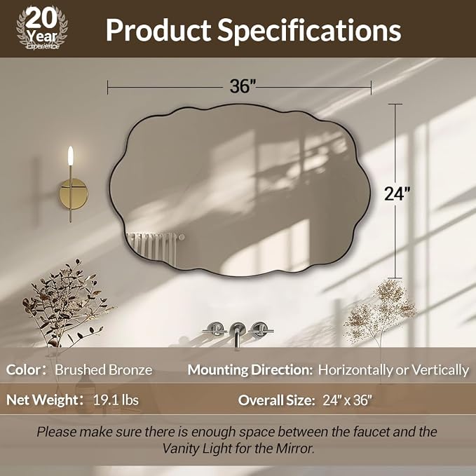 ANDY STAR Bronze Bathroom Mirror -24x36 Inch Wavy Oval Mirror for Vanity, Wavy Scalloped Wall Mirror with Stainless Steel Frame Hang Vertically or Horizontally