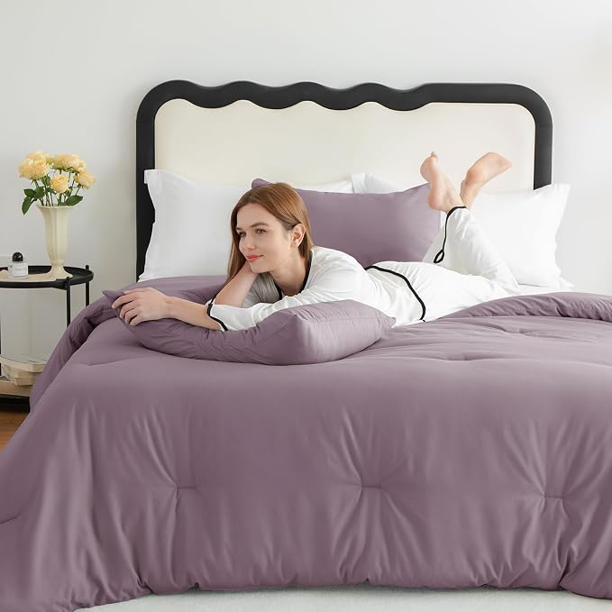 CozyLux Queen Comforter Set Dusty Purple, 3 Pieces Lightweight Comforters Queen Size Bedding Sets, Grayish Purple All Season Solid Down Alternative Comforter with 2 Pillowcases, Bed Set Gift for Home