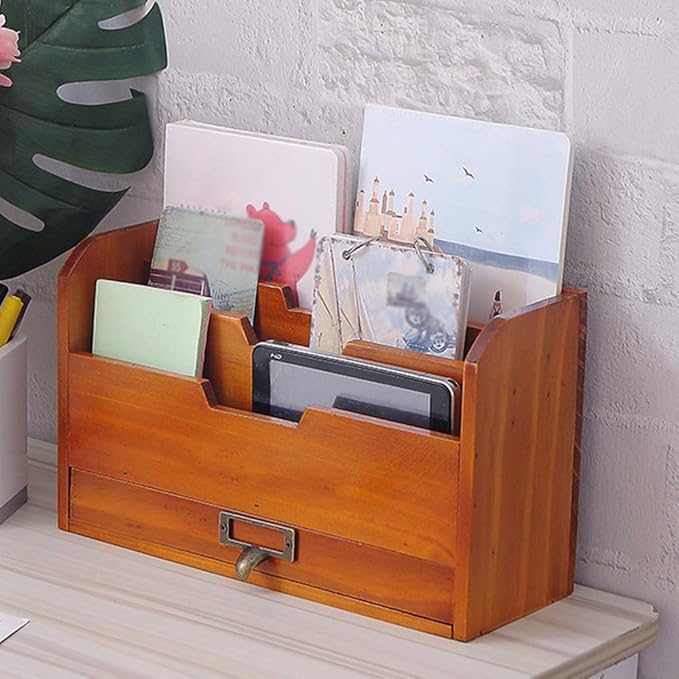 Vintage Vintage Wooden Storage Holder Creatively Designed Desktop Organizer Holder with 3 Pockets, Document Letter and Remote Control, Storage Box for Stationery