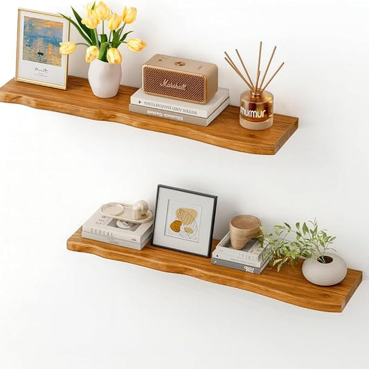 Floating Shelves for Wall Rustic Farmhouse 36 Inch Floating Shelf Bathroom Wooden Shelves for Wall Mounted Live Edge Pine Shelf with Unique Natural Grain for Bedroom Kitchen (Honey Walnut)