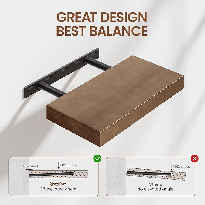 Heimlove 16 Inch Floating Shelves for Wall Walnut Shelves Set of 2,Wall Mounted Rustic Wood 8 Inch Deep Floating Shelf with Invisible Brackets for Bedroom Kitchen Living Room