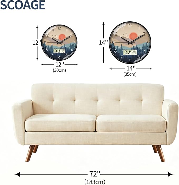 Wilderness Sunset Wall Clock, 12 Inch Silent Non-Ticking Battery Operated Analog Clock with LCD Date Day Temp Display, Decorative for Living Room, Bedroom, Kitchen, Office, Farmhouse, Cabin