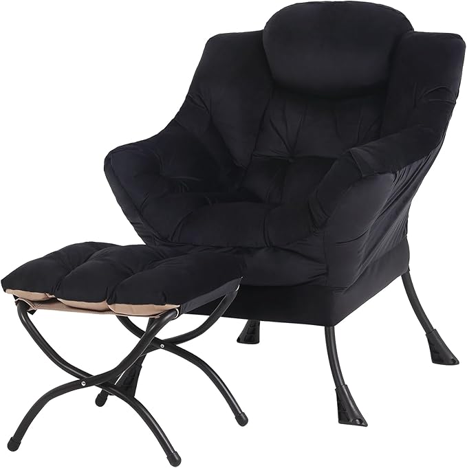 Tiita Lazy Chair with Ottoman, Black Modern Large Accent Chair, Comfy Leisure Sofa Armchair with Ottoman, Reading Chair with Footrest for Bedroom, Living Room, Dorm Rooms, Velvet Black