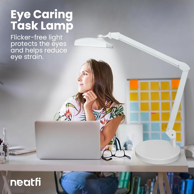 Neatfi Ultra Desk Lamp – 3,500 Lumens, 45W LED, 26-Inch Wide Shade, 5 Brightness Levels, Shadow-Free, Non-Flickering Light, Lamp for Reading, Crafting, Painting, Sewing (Non-CCT with Base, White)