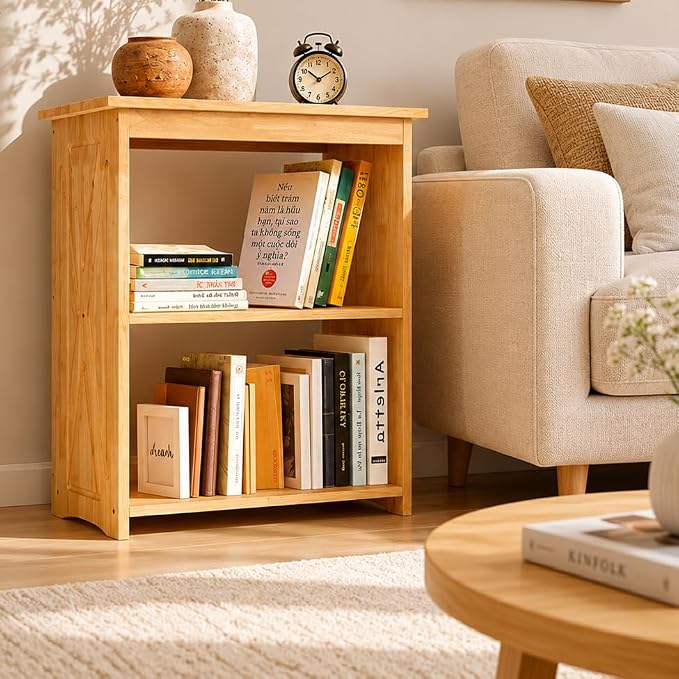 Rustic Bedside Table with Storage Shelf, Wood End Table for Bedroom & Living Room, Narrow Farmhouse Side Table, Modern Nightstand for Bedroom, Living Room and Office (Natural)