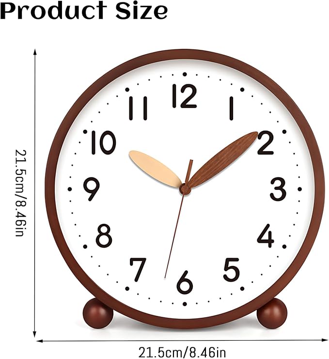 Maxspace Wooden Table Clock,8in Silent Non-Ticking Desk Clock,Battery Operated Desktop Analog Clock for Living Room Bedroom Kitchen Office Classroom Decor (Walnut - White)